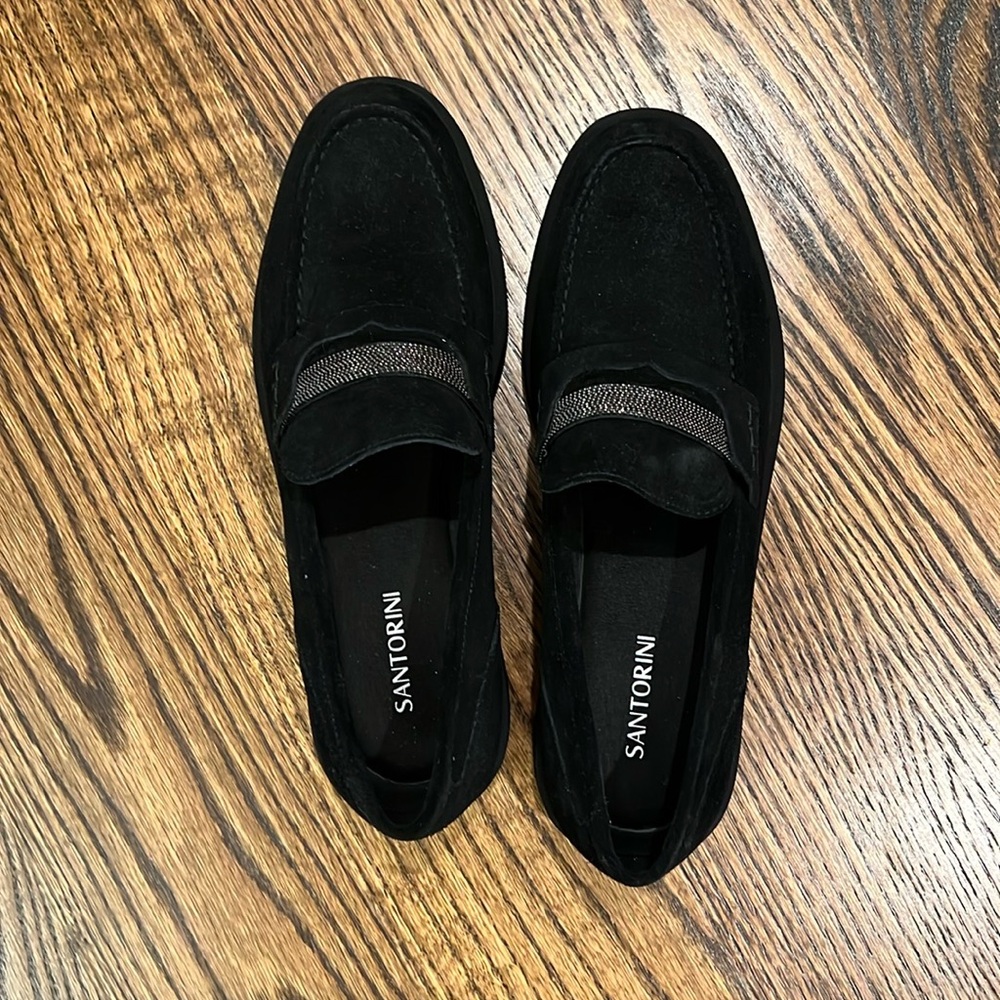 Santorini black suede loafers with silver beading!!!